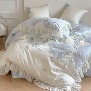 法式公主风全棉100支长绒棉四件套小清新蓝色，蕾丝边被套床上用品