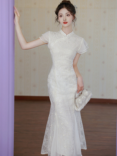 伴娘装新中式国风改良刺绣，旗袍鱼尾领证订婚白色连衣裙宴会礼服