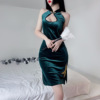 加大码200斤胖mm绿色中国丝绒，性感古典长款旗袍刺绣镂空连衣裙装