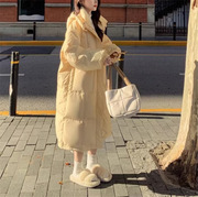 奶淡黄色羽绒棉服女中长款2023冬季连帽加厚过膝小个子外套