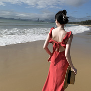 气质甜美荷叶边吊带连衣裙温柔风露背绑带包臀长裙海边度假沙滩裙