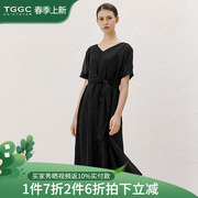 台绣雪纺连衣裙2024夏季收腰系带，设计显瘦短袖a字黑色女长裙