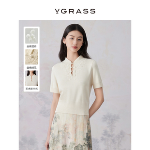 vgrass新中式盘绳绣花真丝棉，气质针织衫女24夏季vzz3p2170a