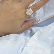 山茶花戒指纯银S925女小众独特设计食指戒可调节开口花朵指环尾戒