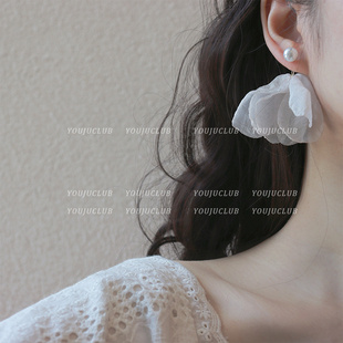 youjuclub-轻飘飘~氛围感白色，雪纺花朵耳环复古甜美气质耳饰耳夹