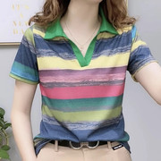 韩国短袖t恤女2024年夏季韩版百搭条纹polo衫上衣外穿小衫