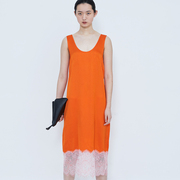 GNAY设计师品牌橘红色日本进口三醋酸缎面拼接蕾丝露背背心连衣裙