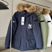 韩国 MLB羽绒服男女情侣同款NY鹅绒保暖中长款大毛领工装外套