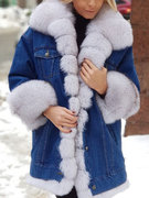 俄罗斯女装冬季加厚原创毛边，气质女皮毛，一体牛仔长款大衣外套