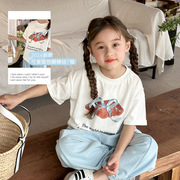 小鹿希希儿童数码印花可爱牛角包图案T恤夏季女童韩版蝴蝶结短袖
