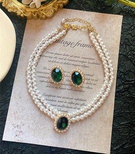 欧美古董宫廷风vintage复古气质椭圆绿宝石珍珠短款项链锁骨链女