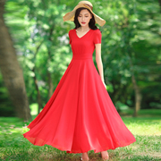 连衣裙女2023夏修身(夏修身)雪纺，大摆红裙v领气质长裙波西米亚沙滩裙