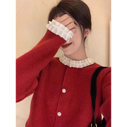 珍珠扣开衫圣诞新年红毛衣女秋冬2023慵懒风假两件针织外套
