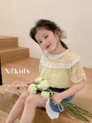 韩版女童洋气短袖雪纺衫，23夏季纯棉蕾丝圆领，鹅黄色上衣娃娃衫