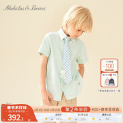力高芘熊夏季男童纯色短袖衬衫纯棉舒适英伦小清新上衣薄款送领带