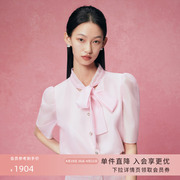 莱茵商场同款23年早秋淡粉色欧根纱衬衫短袖，蝴蝶结领气质优雅