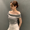 韩国chic夏季气质小性感，一字领露肩，修身显瘦条纹短袖针织衫上衣女