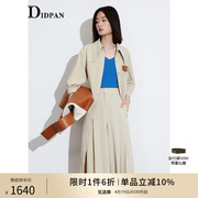 idpan女装设计感秋季皮标点缀胸袋单排扣风，衣式中长袖连衣裙