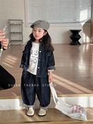 韩版女童复古牛仔套装，2024春季儿童牛仔，外套休闲萝卜裤两件套