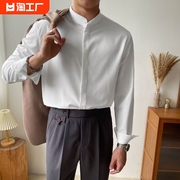 新中式立领衬衫男长袖白色免烫，垂感纯色衬衣伴郎上衣2023年商务