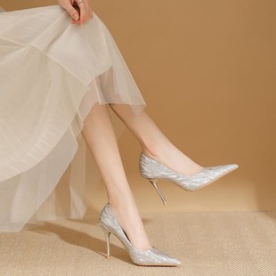 高跟法式金色新娘婚鞋单鞋女2024年春季细跟伴娘性感水晶鞋子