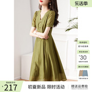 xwi欣未绿色连衣裙，女2023年夏季气质简约减龄收腰显瘦长裙子