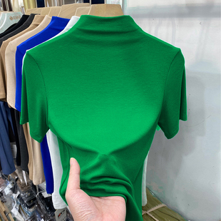 冰丝短袖女春夏气质半高领t恤打底衫，2024针织衫绿色别致上衣
