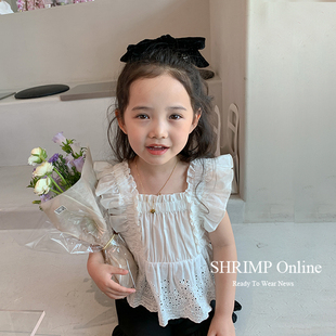 韩国女童夏装法式纯棉蕾丝背心，宝宝无袖t恤上衣白色花边方领衬衫