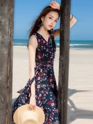 夏季仙女长裙港味复古无袖雪纺碎花连衣裙海边长裙度假沙滩裙