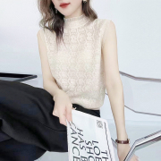 蕾丝花边领镂空提花冰丝针织衫女欧洲站夏季无袖内搭背心显瘦上衣