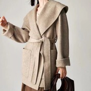 韩国秋季法式气质连帽桑蚕丝，双面羊毛大衣，绑带纯色翻领毛呢外套新
