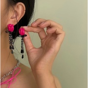 玫红色复古玫瑰花朵耳环甜美设计感黑色长款气质个性项链流苏耳饰