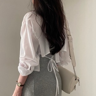 韩国chic春季长袖雪纺防晒衫，设计感小心机，后背绑带露背短款衬衫女