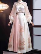 新中式国风粉色长袖薄纱，连衣裙女秋冬高级感裙子，茶系穿搭一整套装