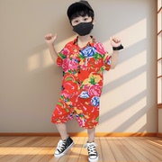 男童夏季东北大花童装婴儿中国风宝宝红色花衬衫短袖套装儿童沙滩