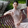逸福春夏复古风中式日常旗袍裙长款年轻款粉色棉布连衣裙短袖