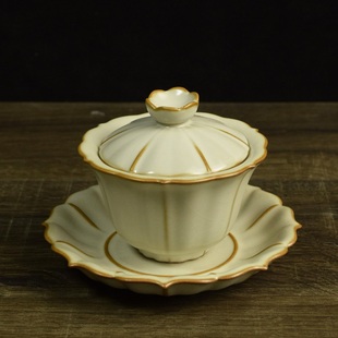 陶瓷茶具汝窑三才盖碗大号单个手工，冰裂釉开片可养高档家用泡茶杯