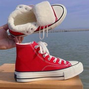 复古红色加绒高筒帆布鞋女2023冬季加棉保暖学生二棉鞋百搭板鞋潮