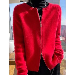 gg。大红色羊毛针织开衫女2024秋冬圆领双拉链毛衣小外套