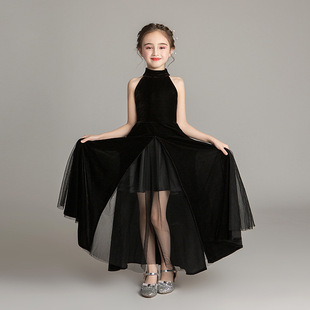 儿童礼服黑色无袖模特走秀主持长款钢琴演出服女童公主裙