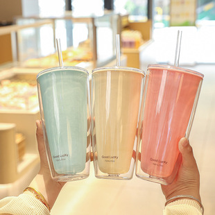 简约大容量纯色双层塑料杯家用办公吸管杯夏季饮品咖啡杯水杯