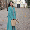 韩版呢子大衣女，2023女高级感连帽加厚蓝色，中长款毛呢外套秋冬