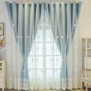 双层一体窗帘布料现代简约遮光纯色客厅卧室飘窗绣花窗纱
