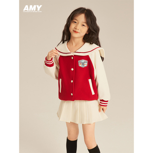 Amybaby女童外套2024儿童韩版时髦洋气拼色休闲海军领棒球服