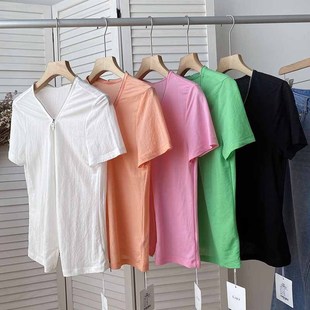 十三行女装小众淑女街头风上衣 韩版V领拉链气质短袖T恤