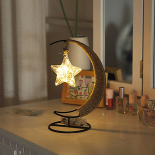 LED月亮星星铁艺灯创意手工麻绳铜线灯串宿舍ins房间卧室装饰台灯