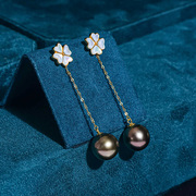珑一1 0-11mm炫彩大溪地黑珍珠18k金耳环耳线海水珍珠天然色珍珠