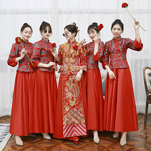 伴娘服2024春秋中式结婚礼服，红绿色显瘦修身中国风姐妹团复古