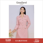 名媛小香风goodland美地，女装2023冬季花纱海鸥领商务连衣裙