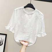白色蕾丝衫女短袖，2023年夏季时尚洋气，小衫雪纺衫刺绣花上衣仙